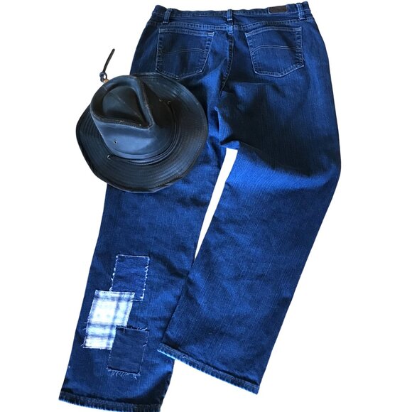 Flannel Patchwork Jeans, Size 16: Upcycled Distressed Denim & Plaid, Funky Pants - Picture 3 of 11